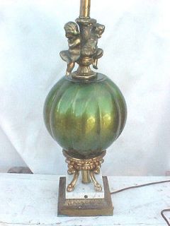 Mid Century Bronze Angels & Marble Base Ribbed Green Murano Art Glass 