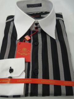 Classy Black White Two Tone Stripe 2Button High Collar Mens Leonardi 