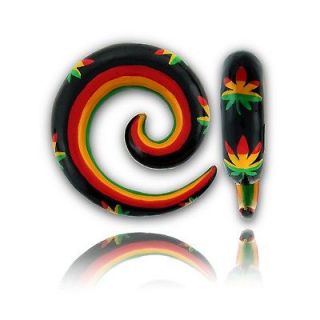 PAIR OF HAND PAINTED WOOD SPIRALS 00G 10MM SPIRAL PLUGS RASTA COLORS 