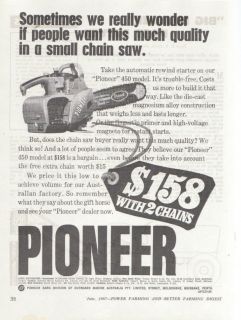 vintage 1967 pioneer 450 model chain saws advertisement from australia 