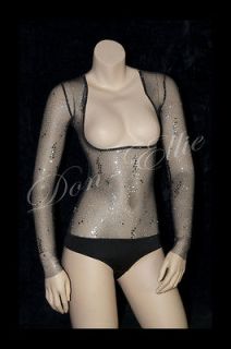 Belly Dance Body Stocking, High back, Sleeve in Silver Glitter 