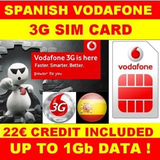    PAYG PREPAID VODAFONE 3G 1G DATA SIM CARD 22 CREDIT INTERNET SPAIN