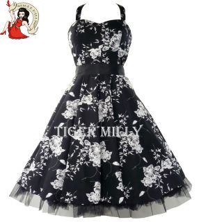 50s Floral Prom Wedding Dress Black White Size 8 18