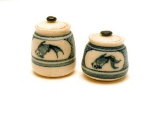   Dollhouse Accessory Covered Jars Blue and White C J Clark