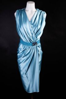 Reem Acra Turquoise Silk Wrap Dress w Rhinestone Belt Sz 8