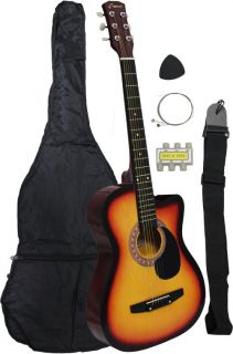 New Beginners Sunburs Cutaway Acoustic Guitar Gigbag Strap Tuner 