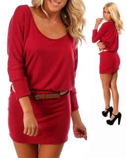 Sexy Burgundy Red Scoop Neck Stretch Fit Belted Sweater Dress