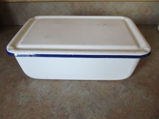 Vintage Enamel Ware Graniteware Bread Box Refrigerator Dish Box Cobalt 