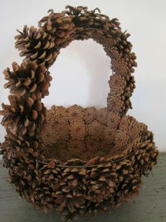 American Folk Art Large Handmade Pinecone Gathering Woven Basket w 