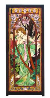 Alphonse Mucha Evening Art Stained Glass Window Panel w Wooden Frame 