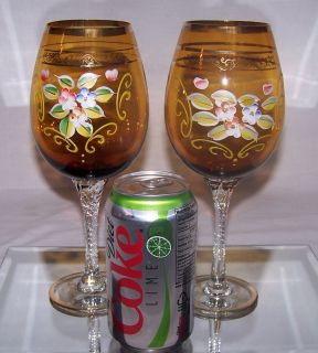   Painted Czech Bohemian Gold Gilt Amber Wine Glasses Goblets 9