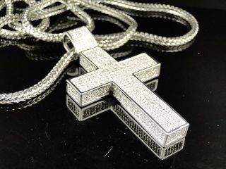   White Gold Finish 3D Simulated Diamond Cross / Pendant And Chain Set