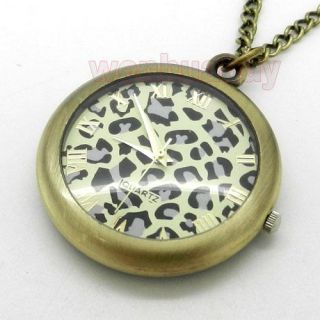   Leopard Print Quartz Pocket Watch Pendant Necklace Xmas Gift P60