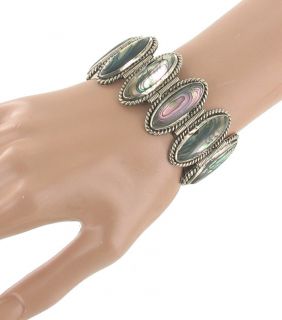 Vintage Silver Mexico Large Abalone Oval Shell Link Bracelet Wide 