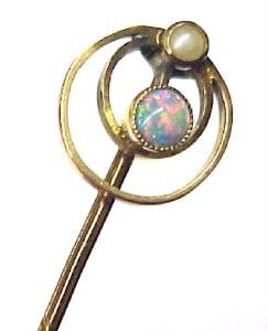Antique, Vintage Opal & Pearl Accented 10KT Solid Gold Hat Pin