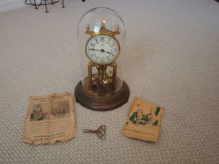 Antique Kundo 400 Day Key Wind Anniversary Clock Glass Dome With Key 