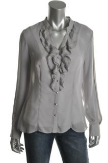 Anne Klein New Gray Sheer Ruffled Front V Neck Button Down Top Blouse 