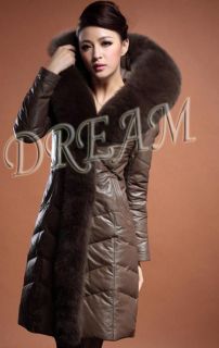 Hood Genuine Real Fox Fur Pelt Sheep Leather Down Long Coat/Jacket 