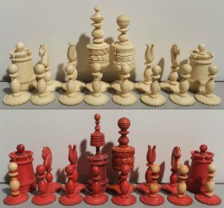 Antique Chess Set Red And White Complete No Board Not Plastic