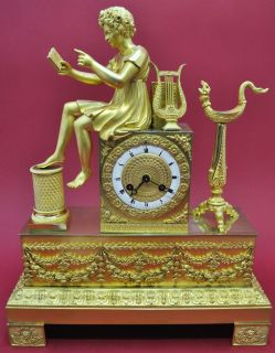 Antique French Mantel Clock Fire Gilded Bronze CA 1840 Stamped