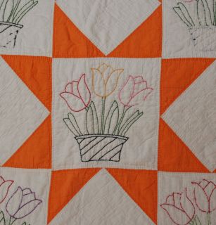 Vintage Antique Handmade Embroidered Tulip Quilt