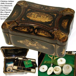 Antique 1840s Chinoiserie Lacquer Sewing Box, Chinese Export with 