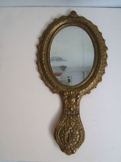 Antique Victorian Brass Hand Mirror All Original Fancy Peacock on 