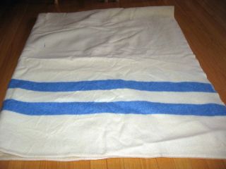 Vintage Wool Blanket Ayers Limited Cream Blue Stripes 89 by 72 1951 