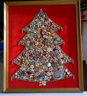 Vintage ART DECO and UP Rhinestone Jewelry Christmas Tree Framed Art 