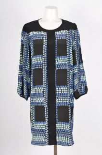 Aaron Ashe $231 Black Blue Pattern Long Sleeve 6th Avenue Dress Sz S 