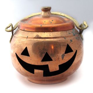 Copper Pumpkin Jack O Lantern Face with Removable Lid