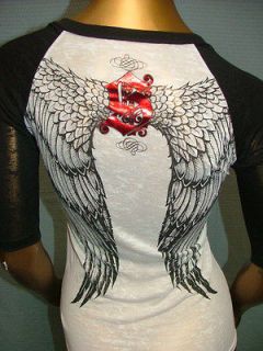 68 SINFUL by AFFLICTION Sexy ANGEL WINGS Biker BURNOUT T SHIRT TEE 