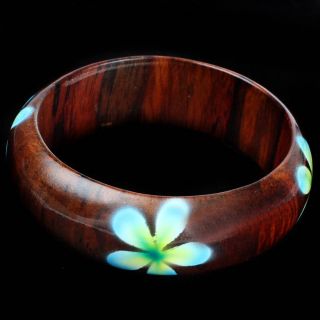   Tropical Flower Blossom Brown Wooden Polished Rounded Bangle
