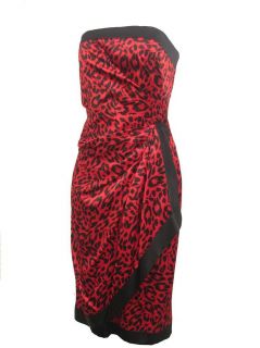 AJ Bari Red Black Leopard Print Strapless Silk Cocktail Dress 8 New $ 