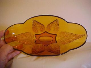 Vintage Anchor Hocking 9 3/4 Amber Glass Dish Beaded Leaf Design