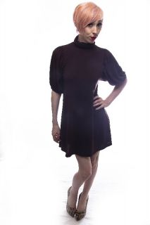 New Dark Brown Mini Dress Tunic Slouch Neck Puff Sleeve Boho Soft 