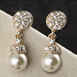 18K Gold Plated Swarovski Diamonds Earrings w/ Pearl Drops E503