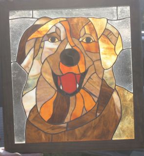 Happy Dog Stained Glass Window Panel Signed Dated