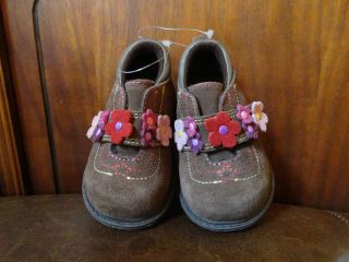 New Baby Deer Dark Brown Flowered Infant Baby Girl Casual Shoes Sz 2 