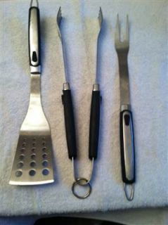 Barbeque BBQ Grill 3 Pce Set Stainless Steel Tools Fork Tongs and 