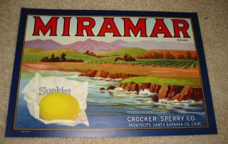Old 1930s Miramar Sunkist Lemon Label California Ocean