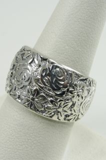 925 Sterling Silver Flower Band Ring Wide Rose Daisy Leaves Bloom Sz 8 