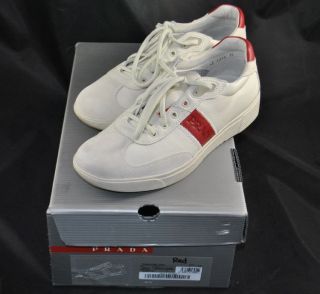 Prada 4E 1315 Casual Sneakers White Red Genuine Leather Shoes Size 7 5 