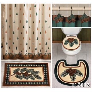   Bath Pinecone Woodland Evergreen Shower Curtain Rug Set Hooks