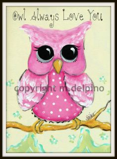 Nursery art Personalized pink baby OWL whimsical girl wall decor print 