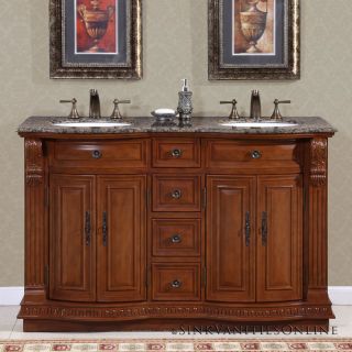 55 Monica Granite Top Bathroom Double Sink Vanity Cabinet Cherry 