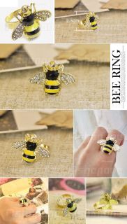 Ladies Lovely Cute Crystal Rhinestone Yellow Bee Design Ring