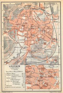 Belgium Louvain Leuven Old Antique City Map Plan 1910