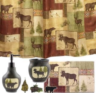 Mountain Moose and Bear 5 Piece Bath Set, cabin decor shower curtain 