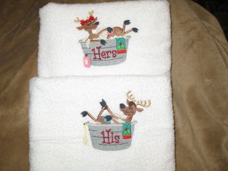 Embroidered Christmas Bathing Reindeer His & Hers White Bath Towel Set